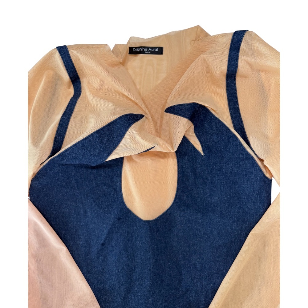 DELPHINE MURAT - VINTAGE FW 2008 - LONG SLEEVELESS -TOP DENIM /TULLE - NUDE/BLUE - Picture 4 of 4